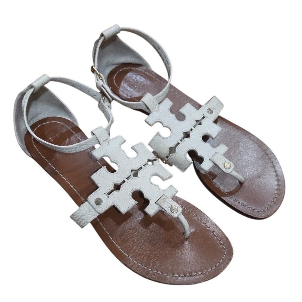 Tory Burch Phoebe Flat Thong Sandals Leather Miller Logo Preppy Boho Euro 10
